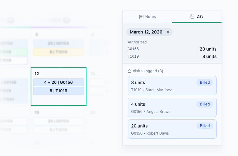 Day changing from logged (white/blue border) to billed (blue background)