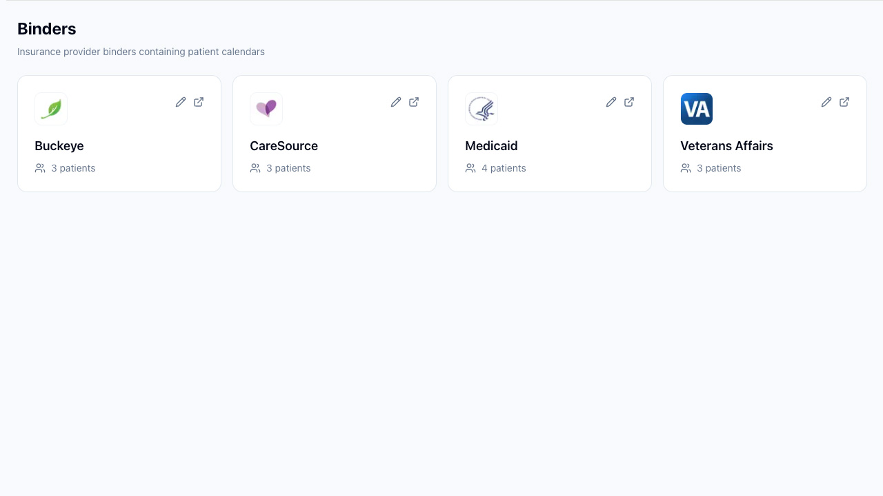 Binders page showing payor cards in a grid
