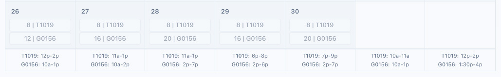 Scheduled times are shown in the calendar's footer