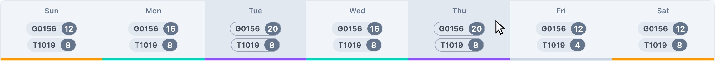 Calendar header row with scheduled unit badges per day