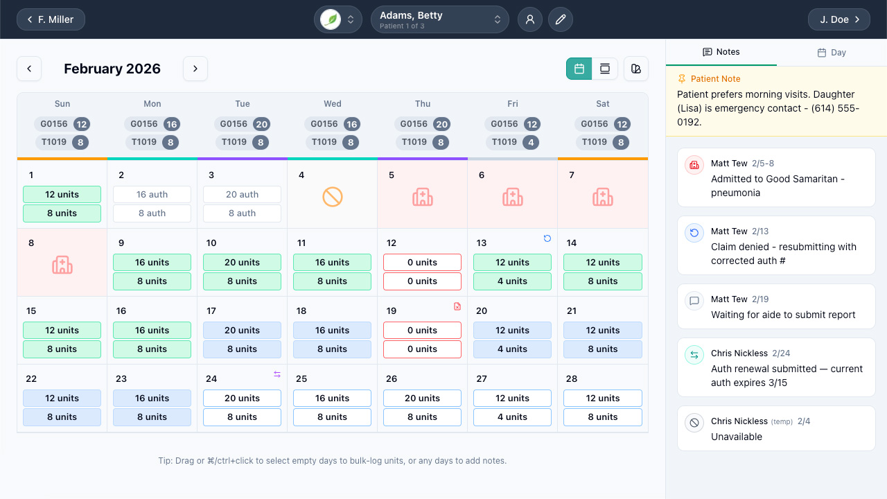 Patient calendar view with monthly grid