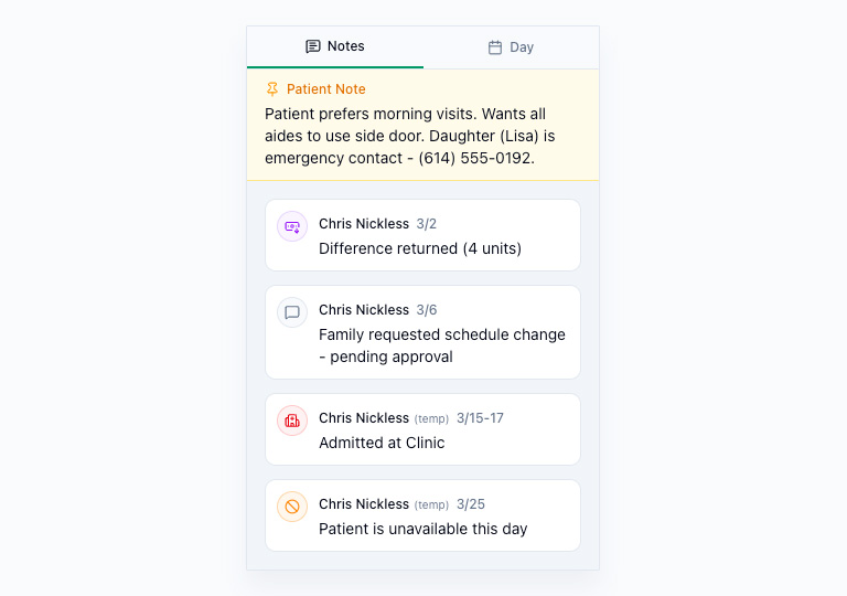 Notes panel showing grouped notes by type with pinned note at top