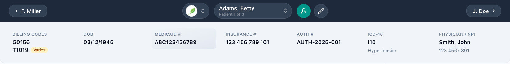 Patient info panel shows billing which fields are required by the Payor