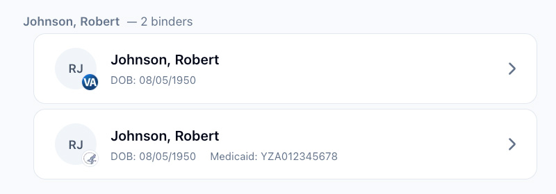 A view of a patient in multiple binders on the /patients page