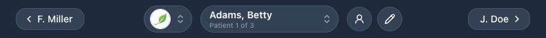 Patient navigation bar with prev/next arrows and dropdowns